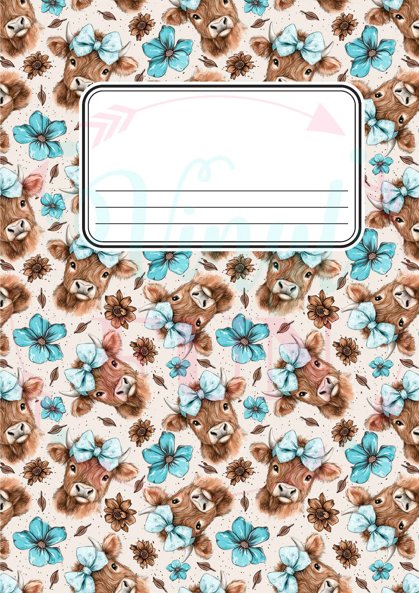 Composition Notebook Cover Transfer Sheets- Cow With Blue Bows