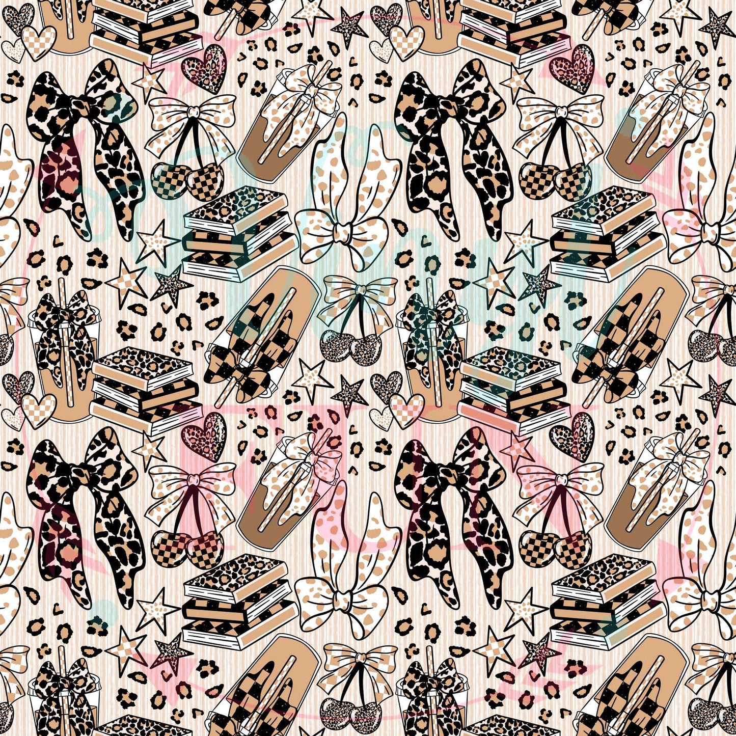 Leopard Books, Bows & Coffee Pattern-B18
