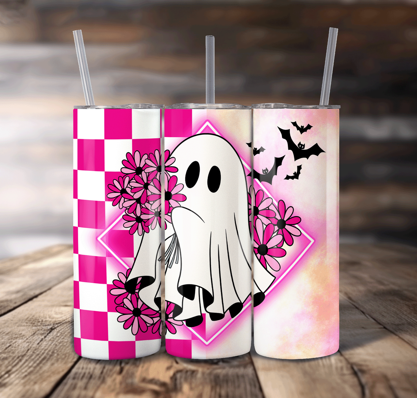 Pink Plaid & Ghost Wrap For Straight Tumbler-S673