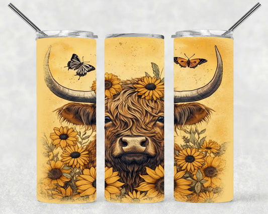 Highland Cow with Sunflowers Wrap For Straight Tumbler-S136