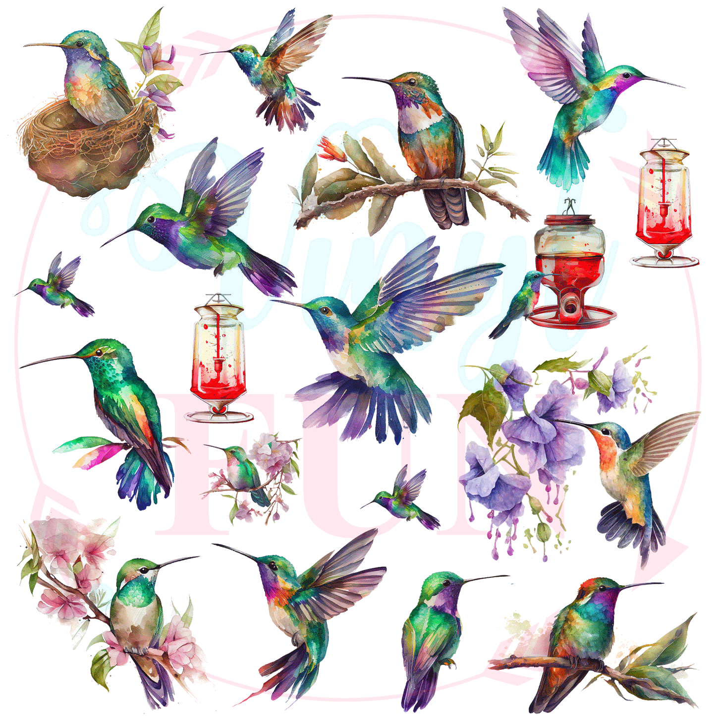 Watercolor Hummingbirds Elements