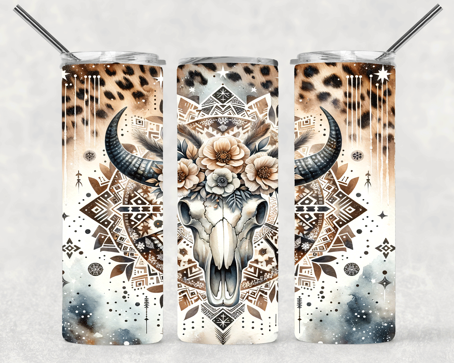 Beige Bull Skull Wrap For Straight Tumbler-S317