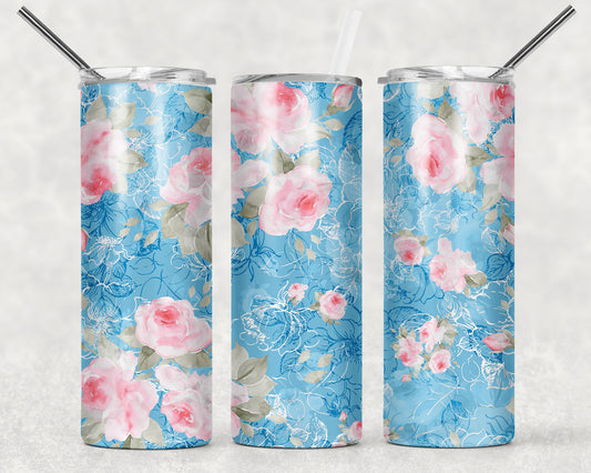 Light Pink Floral Blue Background Wrap For Straight Tumbler-121