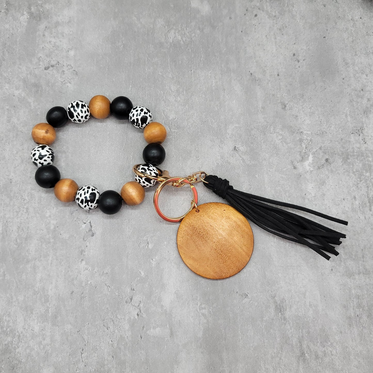 Wooden Keychain Bracelet With Tassel & Disc