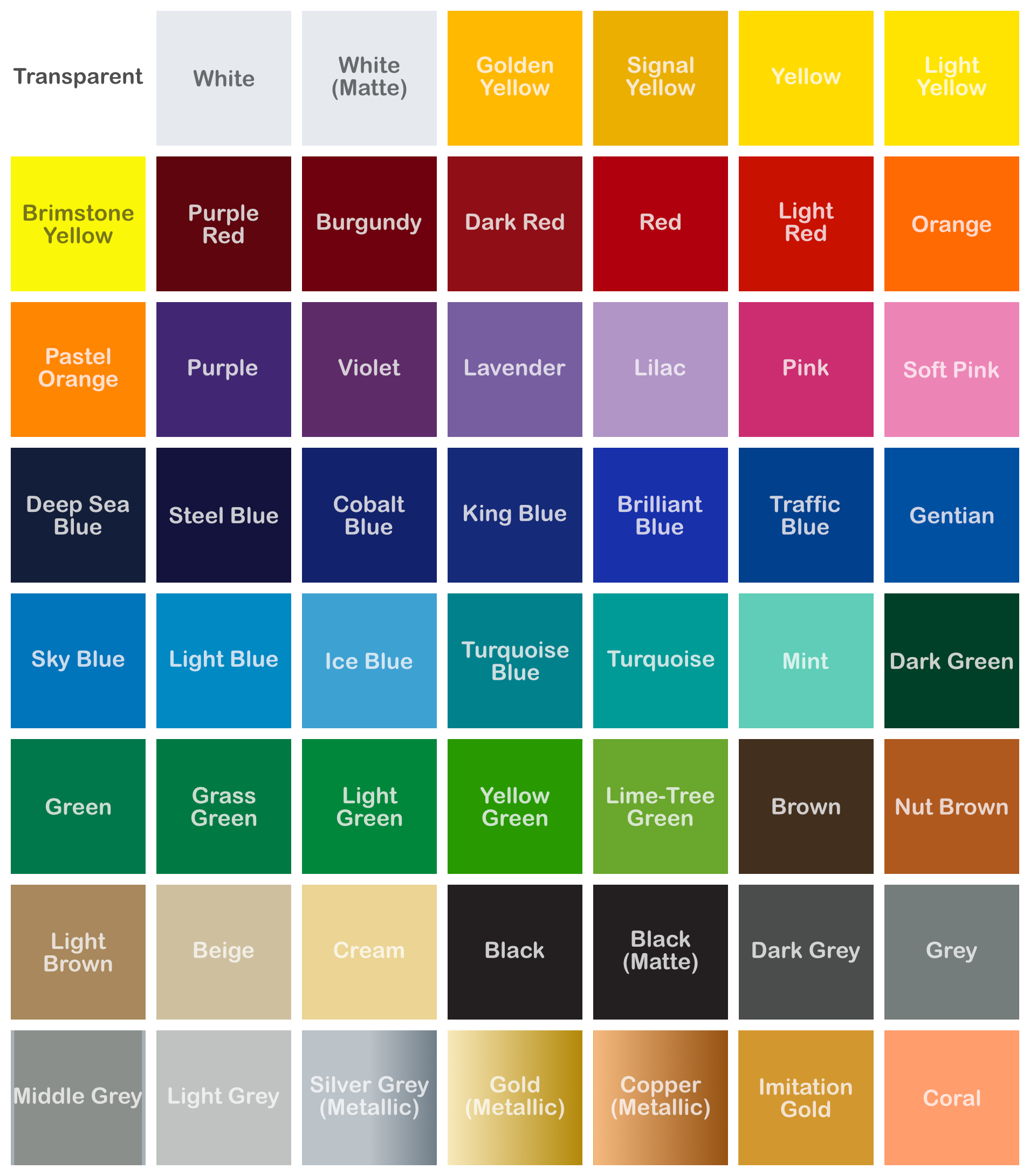 ORACAL 651 Vinyl Color Options Chart