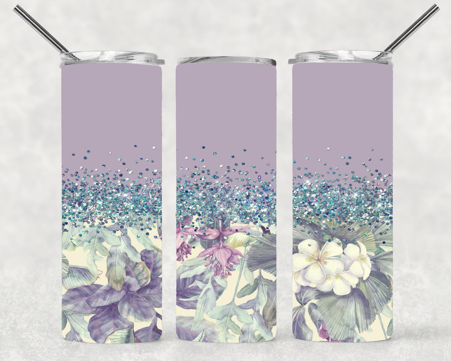 Lilac Glitter Floral Wrap For Straight Tumbler-S21
