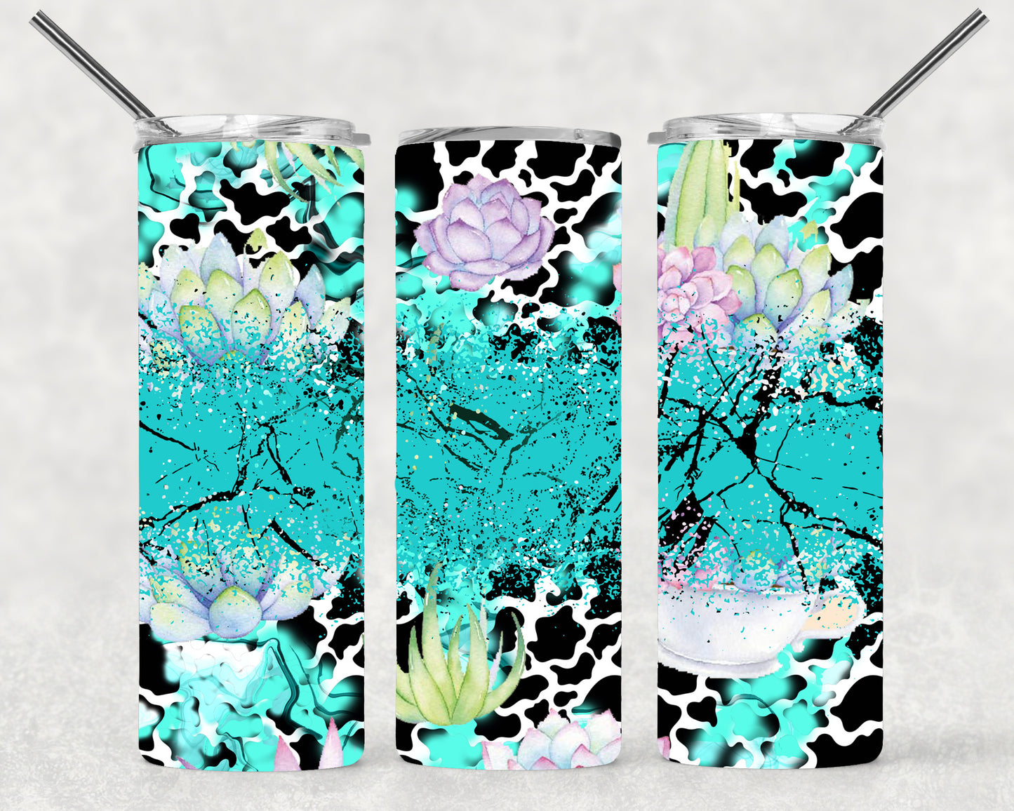 Teal Cow Succulants Wrap For Straight Tumbler-S28