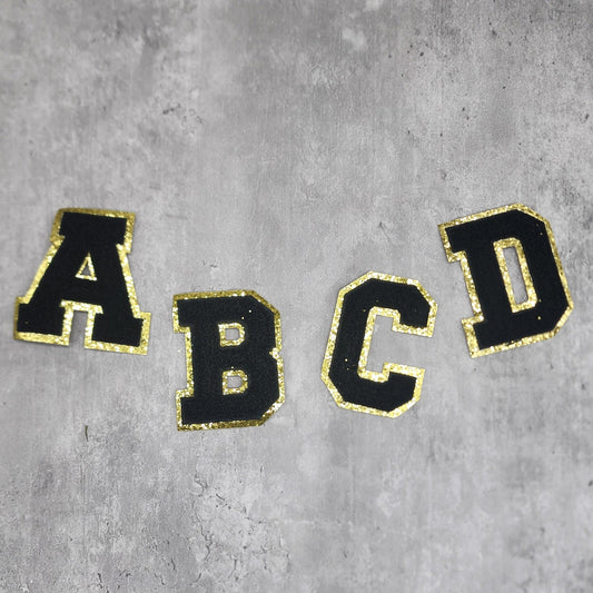 Black with Gold Glitter Chenille Letters Patches