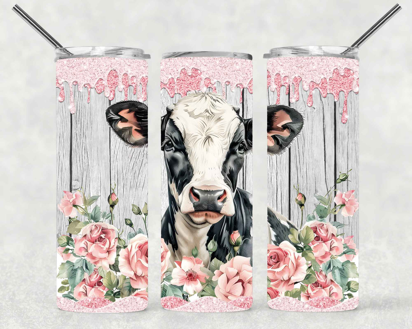 Pink Floral Cows Wrap For Straight Tumbler-S627