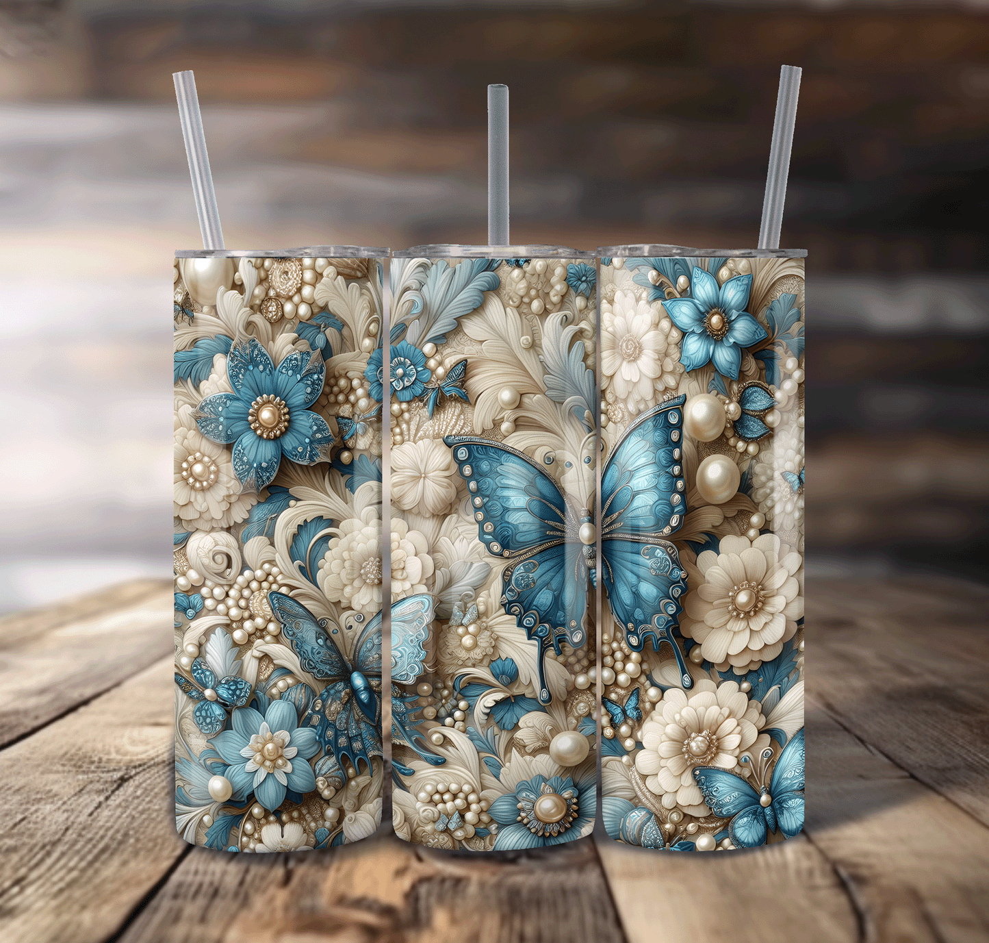 Blue Butterfly & Flowers Wrap For Straight Tumbler-S667