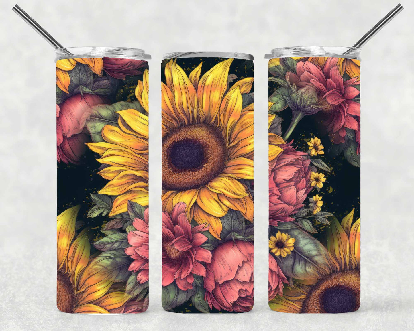 Peonies and Sunflowers Wrap For Straight Tumbler-S171