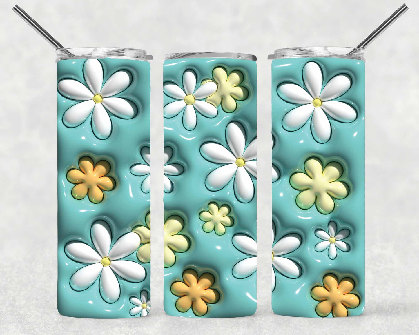 3D Puff Teal Daisy Wrap For Straight Tumbler-S115