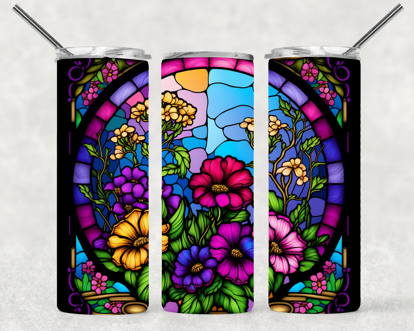 Floral Stain Glass Window Wrap For Straight Tumbler-S67