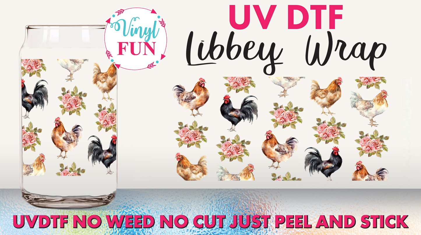 Floral Chickens UVDTF Libbey Glass Wrap - UV30