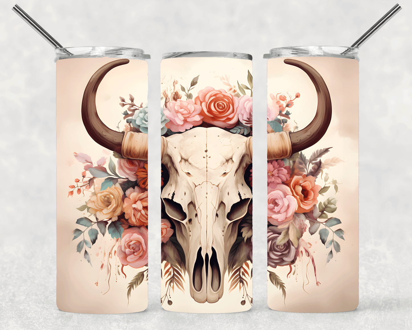 Bull Skull Floral Wrap For Straight Tumbler-S252