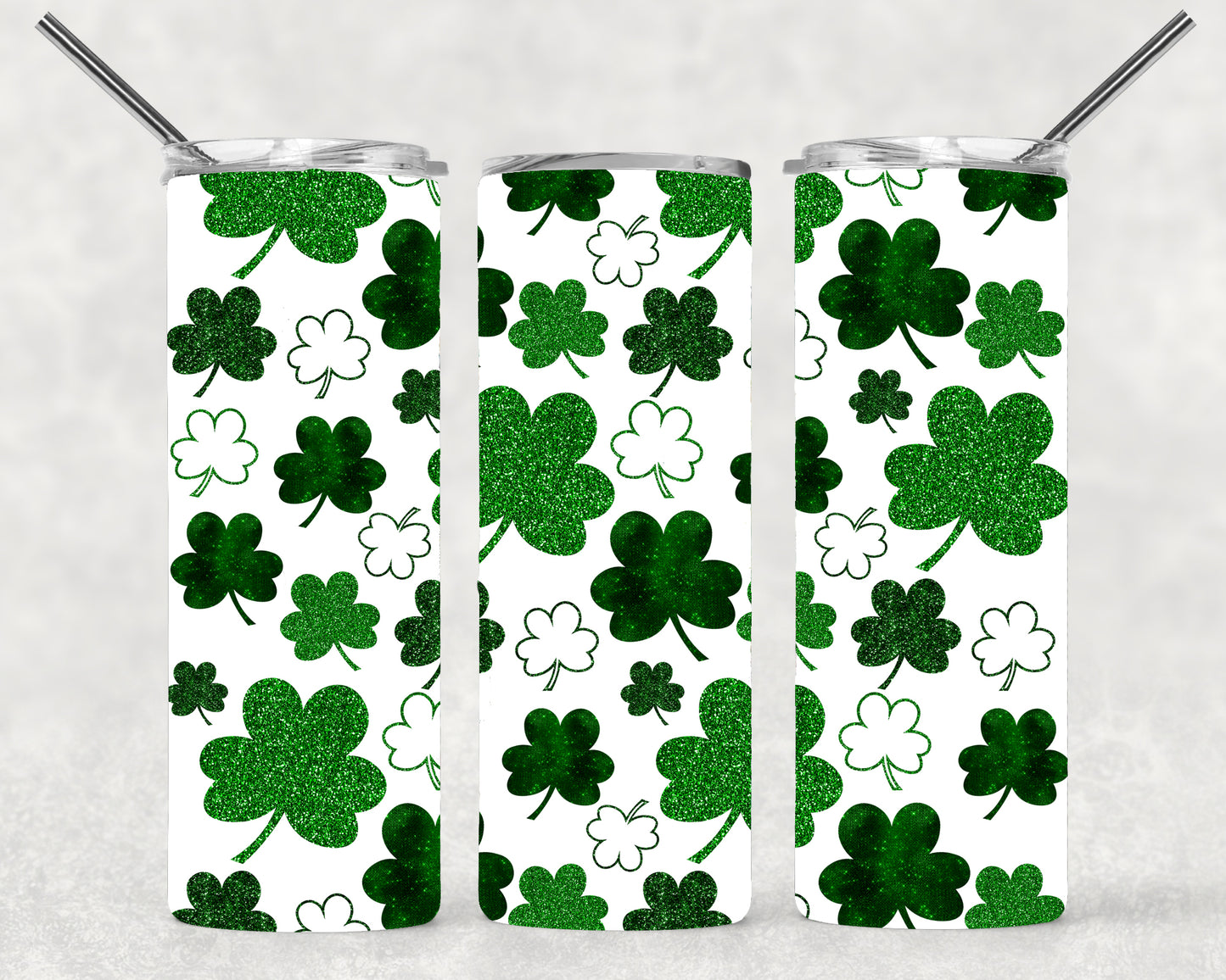 White and Green Glitter Shamrock Wrap For Straight Tumbler-M151