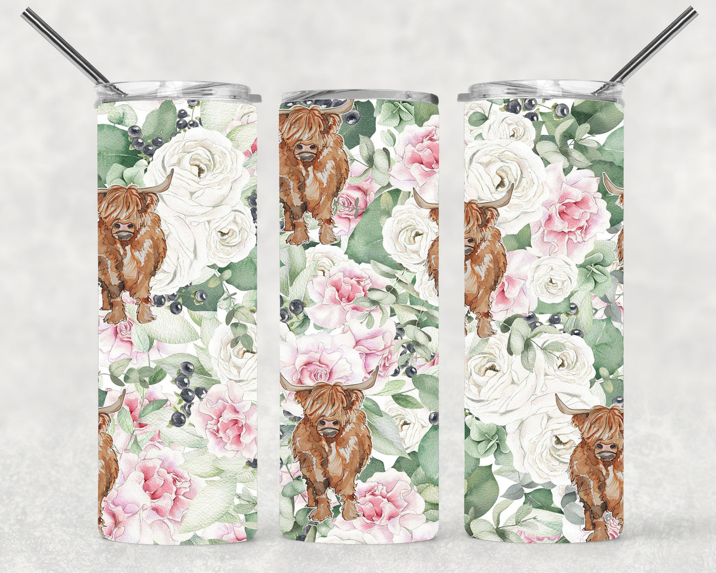 Pink & Mint Floral Cows Wrap For Straight Tumbler-S4